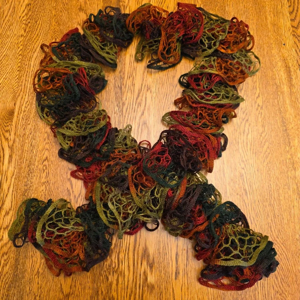 Lattice Knit Scarf Earth Tone Variegated Ruffle Boho Green Rust 5x66